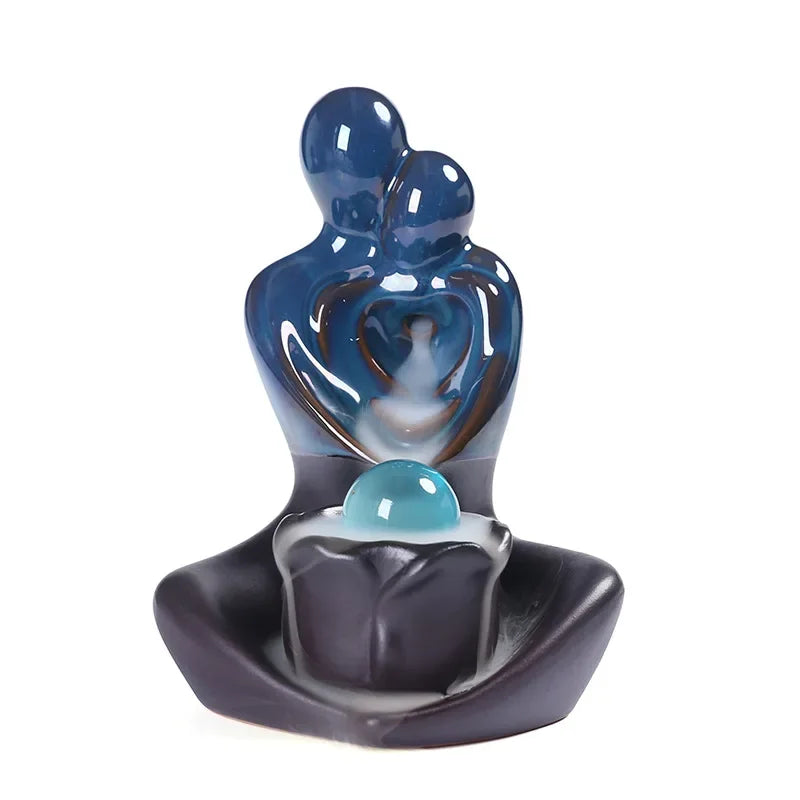 Blue Ceramic Lovers Embrace Backflow Incense Burner