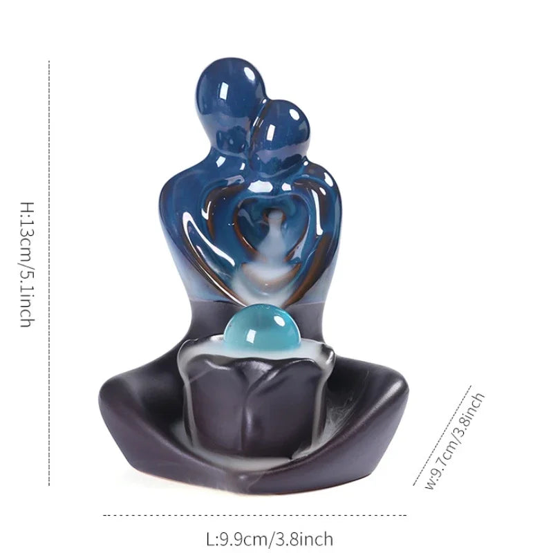 Blue Ceramic Lovers Embrace Backflow Incense Burner